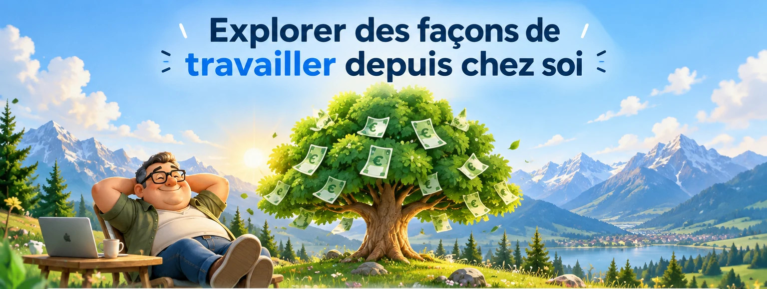 Explorer des façons de travailler depuis chez soi : montagnes bleues, arbre aux billets et personnage souriant aux lunettes devant son ordinateur.